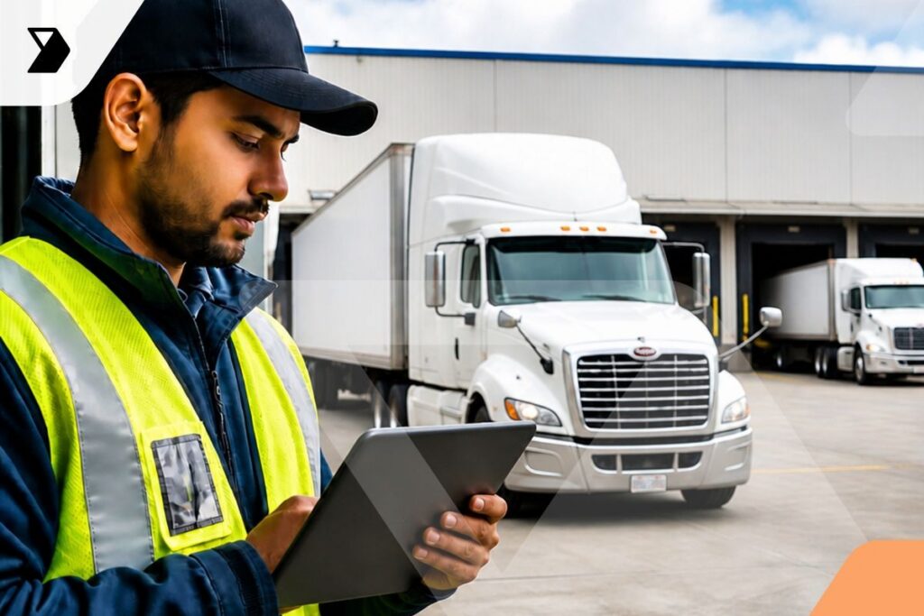 A man in a yellow safety vest uses a tablet outside a warehouse with a white semi-truck backed up to a loading dock on a cloudy day.