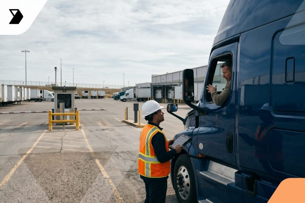 A person in a safety vest holds a tablet while speaking to a truck driver through the window of a blue semi-truck in a shipping yard.